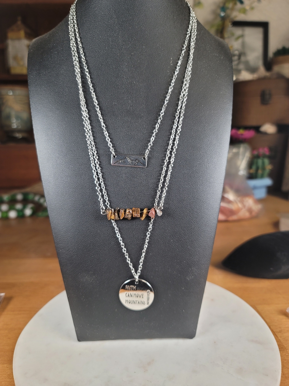 Layered Silver Necklace with Brown Stone Accent and Inspirational Pendant